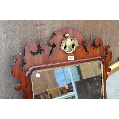 3008 - A 19TH CENTURY STYLE MAHOGANY WALL MIRROR WITH GOLD COLOURED EAGLE CARVING 41