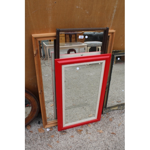 3024 - A BLACK FRAMED WALL MIRROR AND TWO OTHERS