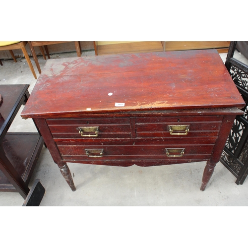 3085 - A LATE VICTORIAN CHEST OF TWO SHORT AND ONE LONG DRAWER BEARING MEYNELL (NORTHAMPTON) CABINET MAKERS... 