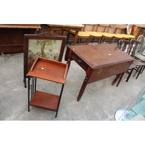 3089 - A VICTORIAN MAHOGANY PEMBROKE TABLE ON KNURLED LEGS, A TELEPHONE TABLE AND WOOLWORK FIRE SCREEN