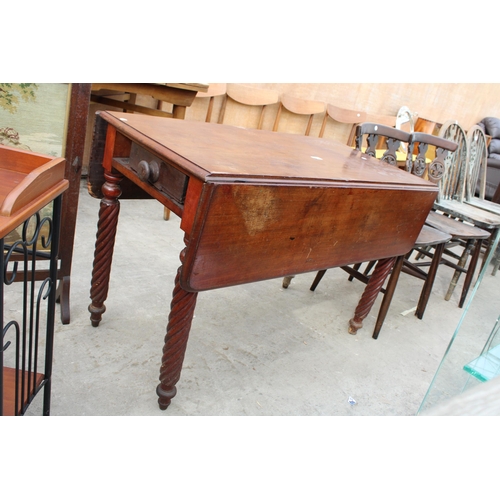 3089 - A VICTORIAN MAHOGANY PEMBROKE TABLE ON KNURLED LEGS, A TELEPHONE TABLE AND WOOLWORK FIRE SCREEN