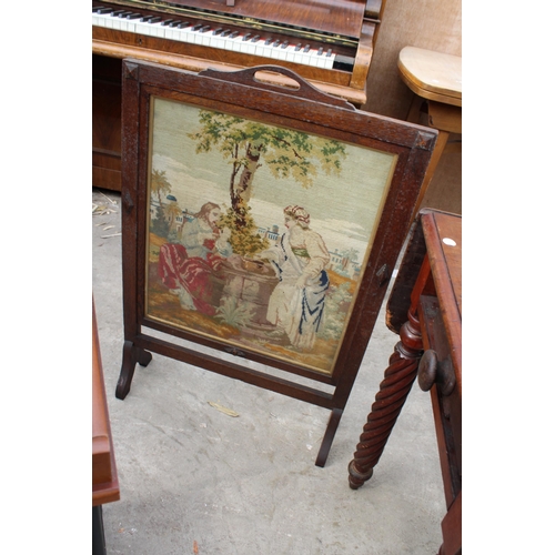 3089 - A VICTORIAN MAHOGANY PEMBROKE TABLE ON KNURLED LEGS, A TELEPHONE TABLE AND WOOLWORK FIRE SCREEN