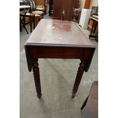 3089 - A VICTORIAN MAHOGANY PEMBROKE TABLE ON KNURLED LEGS, A TELEPHONE TABLE AND WOOLWORK FIRE SCREEN