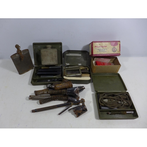 353 - A COLLECTION OF GUN CLEANING EQUIPMENT, AIR RIFLE SPRINGS, OIL BOTTLES ETC