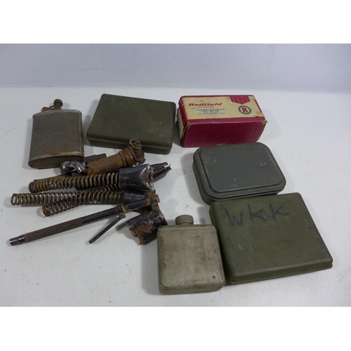 353 - A COLLECTION OF GUN CLEANING EQUIPMENT, AIR RIFLE SPRINGS, OIL BOTTLES ETC