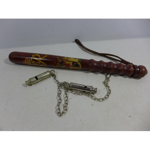 355 - A GEORGE VI POLICEMANS TRUNCHEON, LENGTH 40CM AND TWO POLICEMANS WHISTLES