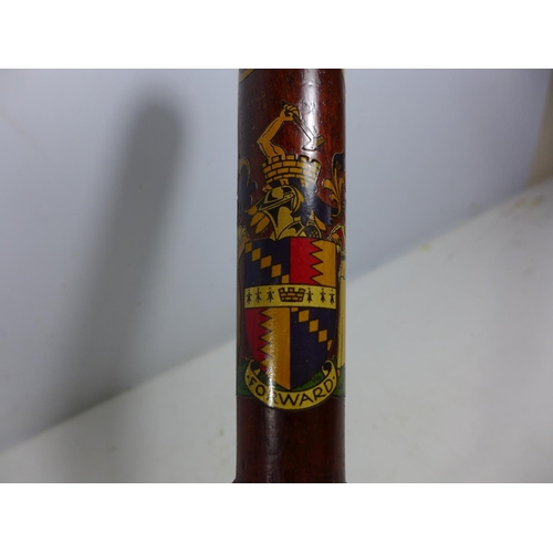 355 - A GEORGE VI POLICEMANS TRUNCHEON, LENGTH 40CM AND TWO POLICEMANS WHISTLES