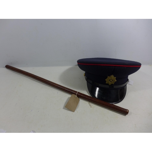 357 - A ROYAL ARMY SERVICE CORP CAP SIZE 58 AND A LEATHER SWAGGER STICK