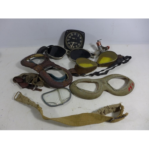 368 - A COLLECTION OF FLYING GOGGLES, RADIO COMPASS DIAL, MODEL ENGINE ETC