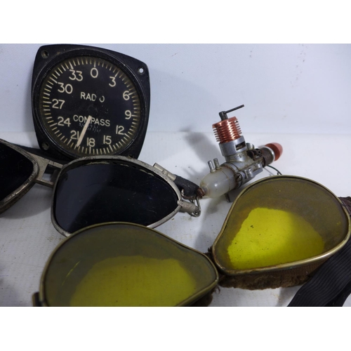 368 - A COLLECTION OF FLYING GOGGLES, RADIO COMPASS DIAL, MODEL ENGINE ETC