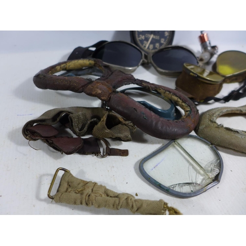 368 - A COLLECTION OF FLYING GOGGLES, RADIO COMPASS DIAL, MODEL ENGINE ETC