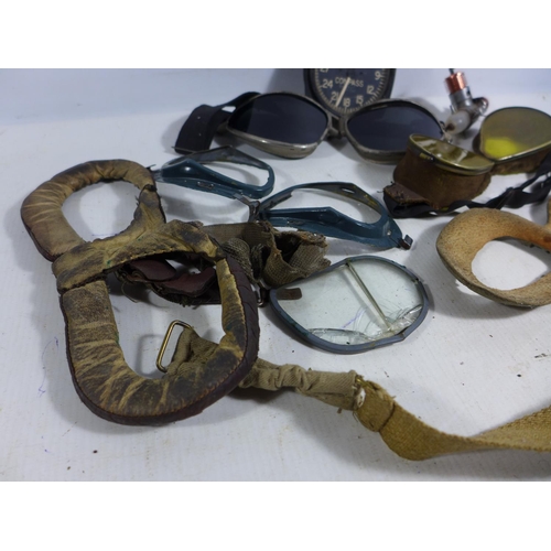 368 - A COLLECTION OF FLYING GOGGLES, RADIO COMPASS DIAL, MODEL ENGINE ETC