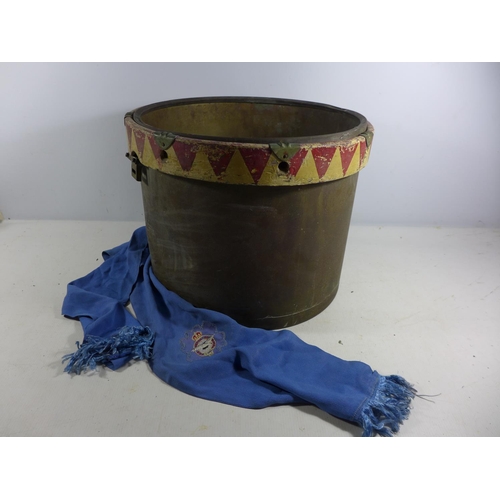 373 - A WORLD WAR BRASS DRUM FRAME AND BLUE RAF SCARF