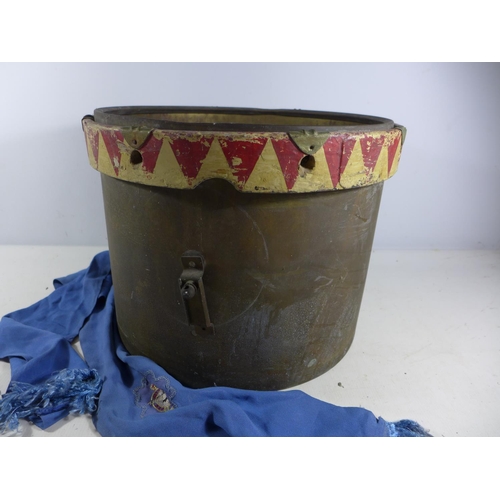 373 - A WORLD WAR BRASS DRUM FRAME AND BLUE RAF SCARF