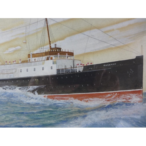 374 - A FRAMED WATERCOLOUR PICTURE OF T.S.S.MANXMAN BY A.L. PARRY DATED 1928, 35CM X 54CM. T.S.S. MANXMAN ... 