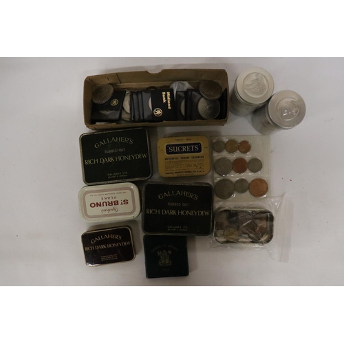 327 - A SELECTION OF MIXED COINAGE, MAINLY UK , INCLUDING 1953 YEAR SET, TWO TUBS OF UNCIRCULATED QE11 PEN... 