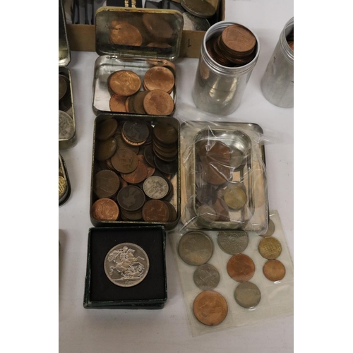 327 - A SELECTION OF MIXED COINAGE, MAINLY UK , INCLUDING 1953 YEAR SET, TWO TUBS OF UNCIRCULATED QE11 PEN... 