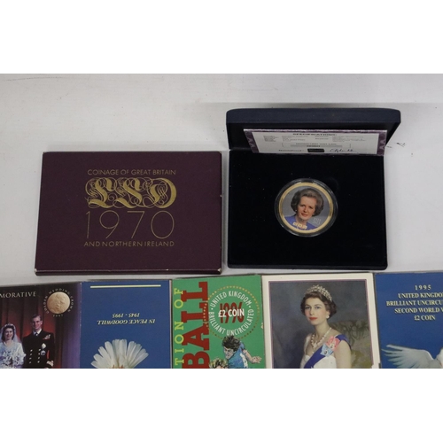 341 - A SELECTION OF 7 UK COIN PACKS , 1 X 1970, 1 X ’71, PLUS BOXED MEDALLION OF MARGARET THATCHER