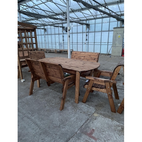 204 - AN AS NEW EX DISPLAY CHARLES TAYLOR GARDEN FURNITURE OVAL TABLE WITH TWO 2 SEATER BENCHES AND TWO CH... 