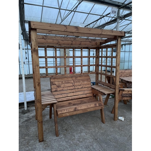 205 - AN AS NEW EX DISPLAY CHARLES TAYLOR GARDEN FURNITURE ARBOUR WITH TWO SEATER BENCH AND SIDE TABLES PL... 