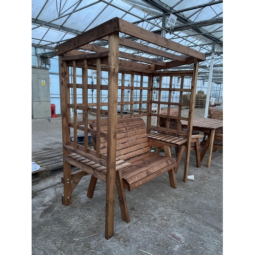 205 - AN AS NEW EX DISPLAY CHARLES TAYLOR GARDEN FURNITURE ARBOUR WITH TWO SEATER BENCH AND SIDE TABLES PL... 