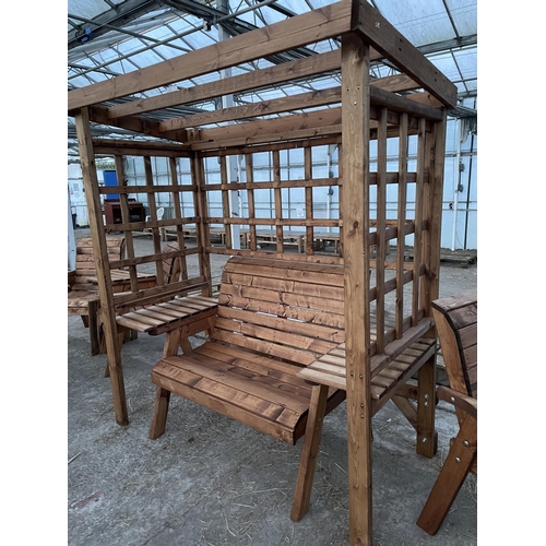 205 - AN AS NEW EX DISPLAY CHARLES TAYLOR GARDEN FURNITURE ARBOUR WITH TWO SEATER BENCH AND SIDE TABLES PL... 