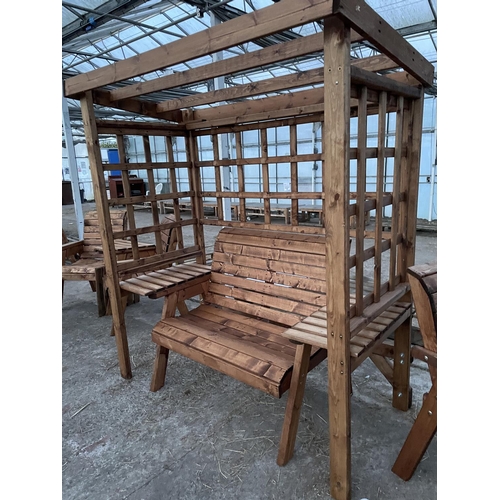 205 - AN AS NEW EX DISPLAY CHARLES TAYLOR GARDEN FURNITURE ARBOUR WITH TWO SEATER BENCH AND SIDE TABLES PL... 