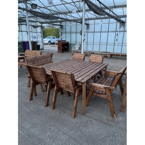 208 - AN AS NEW EX DISPLAY CHARLES TAYLOR GARDEN FURNITURE LARGE EIGHT SEATER TABLE WITH TWO 2 SEATER BENC... 