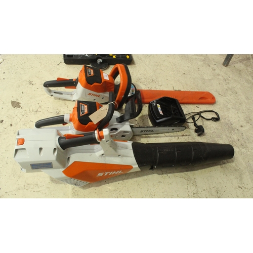 17 - STIHL HEDGE CUTTER /BLOWER/CHAINSAW WITH 2 BATTERY CHARGERS ALL IN VERY GOOD WORKING ORDER  NO VAT