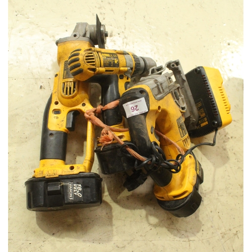 26 - DEWALT DRILL/JIGSAW/GRINDER AND CHARGER  NO VAT