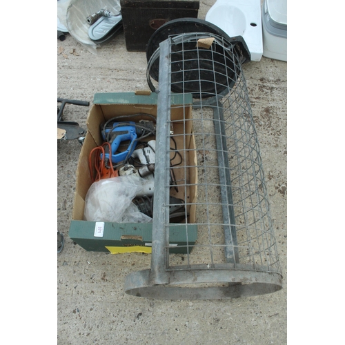 371 - BOX OF ELECTRIC TOOLS AND METAL BIN CAGE  NO VAT