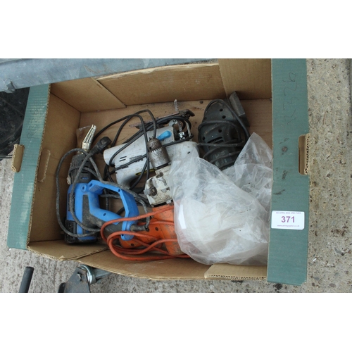 371 - BOX OF ELECTRIC TOOLS AND METAL BIN CAGE  NO VAT