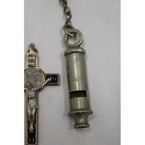 103 - A VINTAGE 1939, J HUDSON & CO, BIRMINGHAM WHISTLE PLUS A RELIGIOUS 'INRI' PENDANT DEPICTING JESUS ON... 