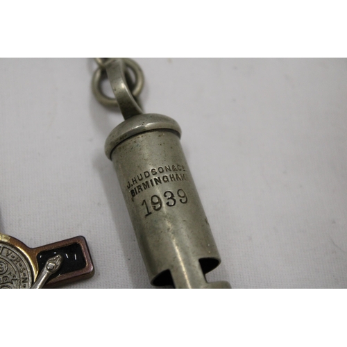 103 - A VINTAGE 1939, J HUDSON & CO, BIRMINGHAM WHISTLE PLUS A RELIGIOUS 'INRI' PENDANT DEPICTING JESUS ON... 