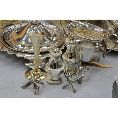 106 - A QUANTITY OF SILVER PLATED ITEMS TO INCLUDE A TRAY, TEAPOT, COFFEE POT, CREAM JUG, SUGAR BOWL, MUFF... 