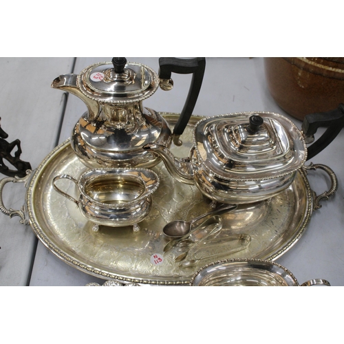 106 - A QUANTITY OF SILVER PLATED ITEMS TO INCLUDE A TRAY, TEAPOT, COFFEE POT, CREAM JUG, SUGAR BOWL, MUFF... 