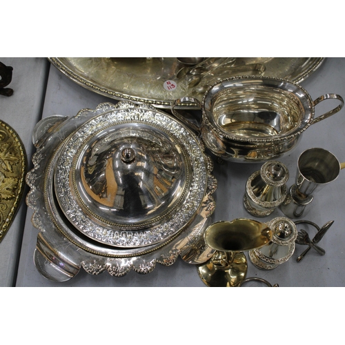 106 - A QUANTITY OF SILVER PLATED ITEMS TO INCLUDE A TRAY, TEAPOT, COFFEE POT, CREAM JUG, SUGAR BOWL, MUFF... 