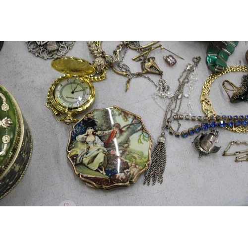 108 - A QUANTITY OF COSTUME JEWELLERY TO INCLUDE CHAINS AND PENDANTS, RINGS, MODERN POCKET WATCHES, BROOCH... 