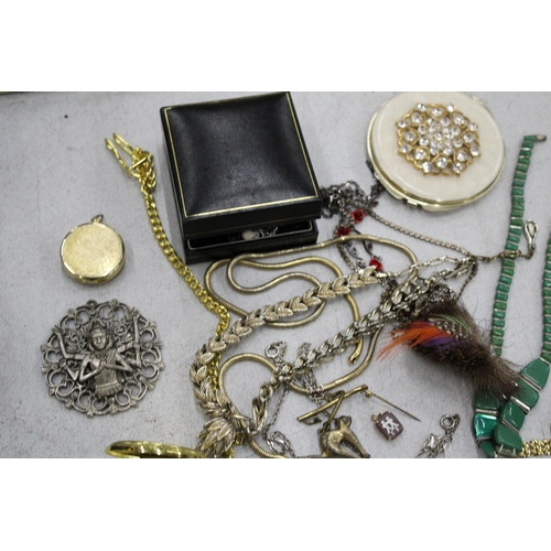 108 - A QUANTITY OF COSTUME JEWELLERY TO INCLUDE CHAINS AND PENDANTS, RINGS, MODERN POCKET WATCHES, BROOCH... 