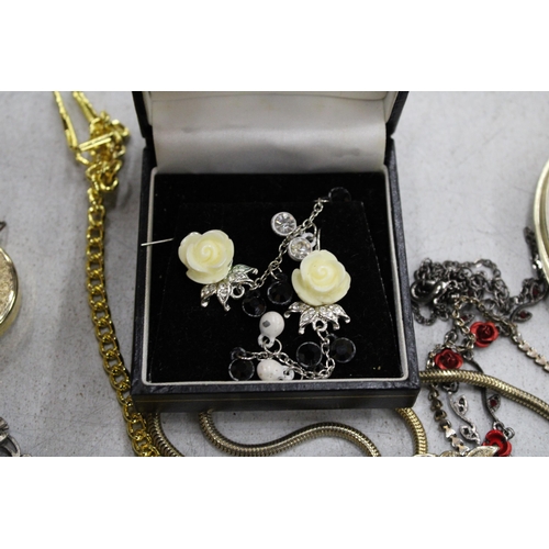 108 - A QUANTITY OF COSTUME JEWELLERY TO INCLUDE CHAINS AND PENDANTS, RINGS, MODERN POCKET WATCHES, BROOCH... 