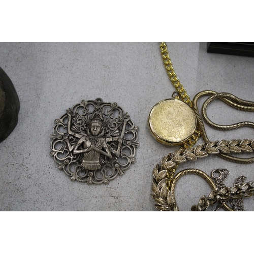 108 - A QUANTITY OF COSTUME JEWELLERY TO INCLUDE CHAINS AND PENDANTS, RINGS, MODERN POCKET WATCHES, BROOCH... 