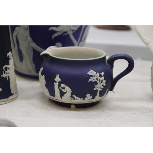 129 - THREE PIECES OF JASPERWARE TO INCLUDE A WEDGWOOD JUG WITH PEWTER LID - A/F TO BASE, AN ADAMS SMALL J... 