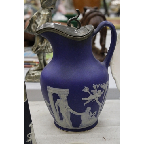 129 - THREE PIECES OF JASPERWARE TO INCLUDE A WEDGWOOD JUG WITH PEWTER LID - A/F TO BASE, AN ADAMS SMALL J... 