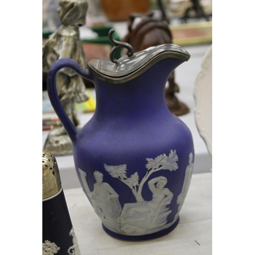 129 - THREE PIECES OF JASPERWARE TO INCLUDE A WEDGWOOD JUG WITH PEWTER LID - A/F TO BASE, AN ADAMS SMALL J... 