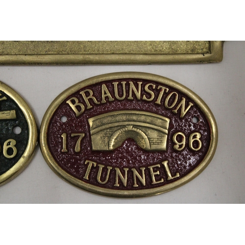 133 - THREE BRASS SIGNS TO INCLUDE, RESTAURANT, BOTTOM LOCK, BRAUNSTON AND BRAUNSTON TUNNEL