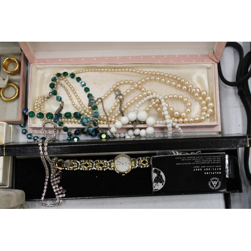 143 - A QUANTITYOF COSTUME JEWELLERY TO INCLUDE WATCHES, NECKLACES, EARRINGS, BEADS, BANGLES, ETC