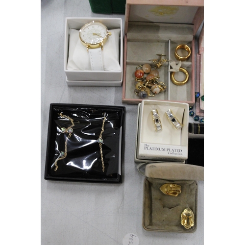 143 - A QUANTITYOF COSTUME JEWELLERY TO INCLUDE WATCHES, NECKLACES, EARRINGS, BEADS, BANGLES, ETC