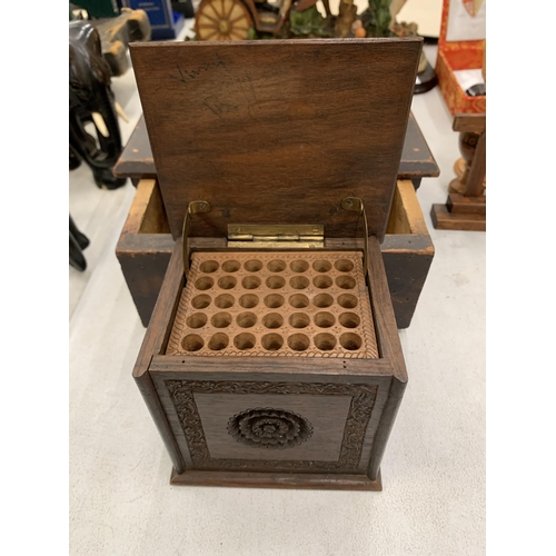 277 - TWO VINTAGE WOODEN BOXES TO INCLUDE A CIGARETTE DISPENSER