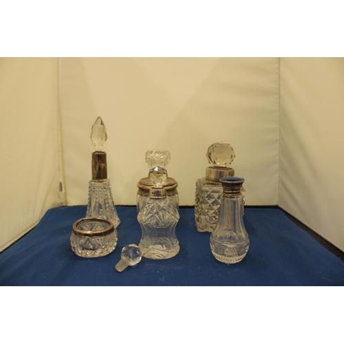 49 - SIX PIECES OF GLASSWARE WITH MARKED SILVER COLLARS, LIDS, RIMS TO INCLUDE A BLUE ENAMEL