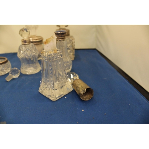 49 - SIX PIECES OF GLASSWARE WITH MARKED SILVER COLLARS, LIDS, RIMS TO INCLUDE A BLUE ENAMEL